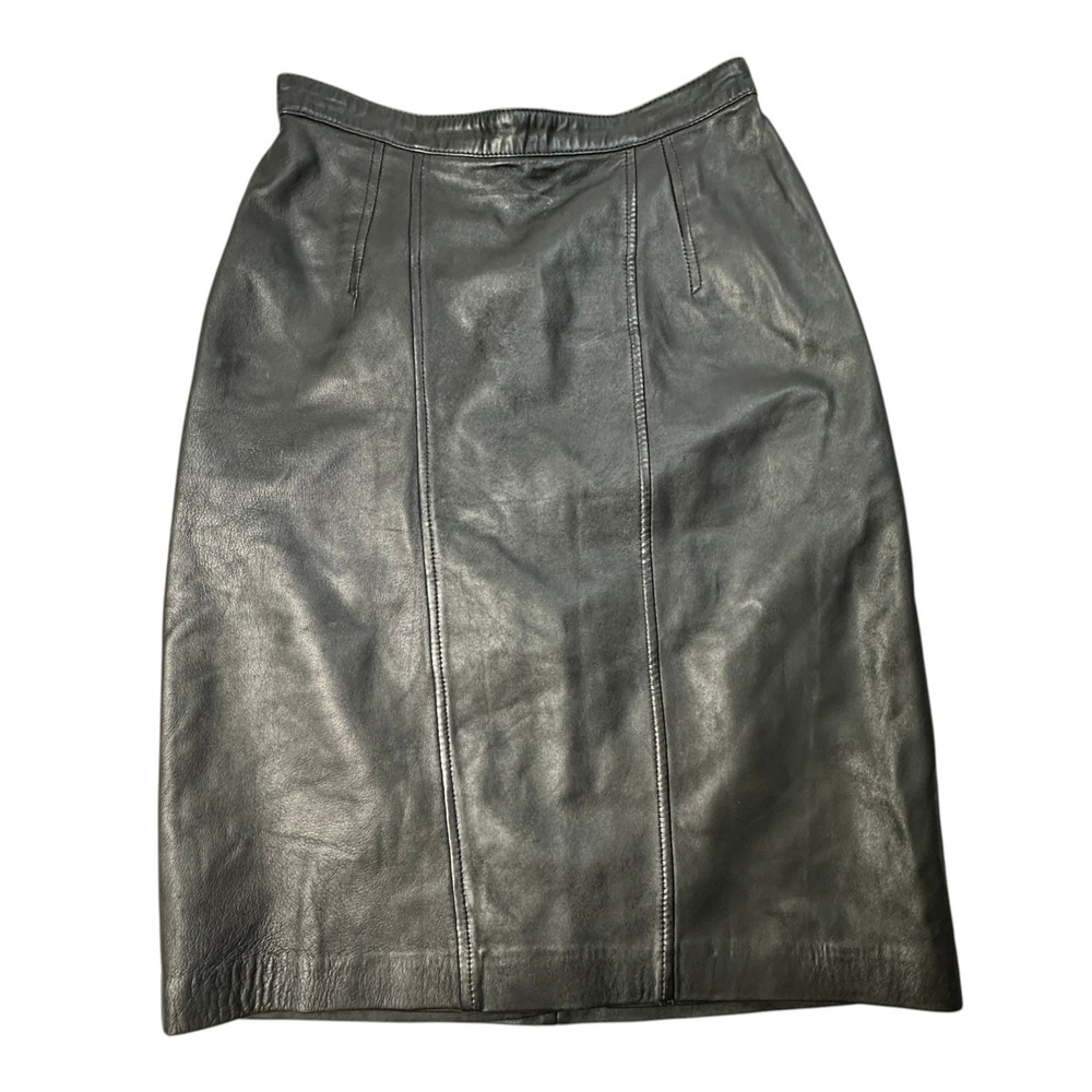 Vintage Lowell & Whitney Skirt Womens 6P Black Leather Pencil Lined Knee Length